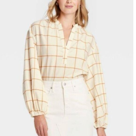 A New Day windowpane yellow balloon sleeve blouse M - Picture 1 of 9